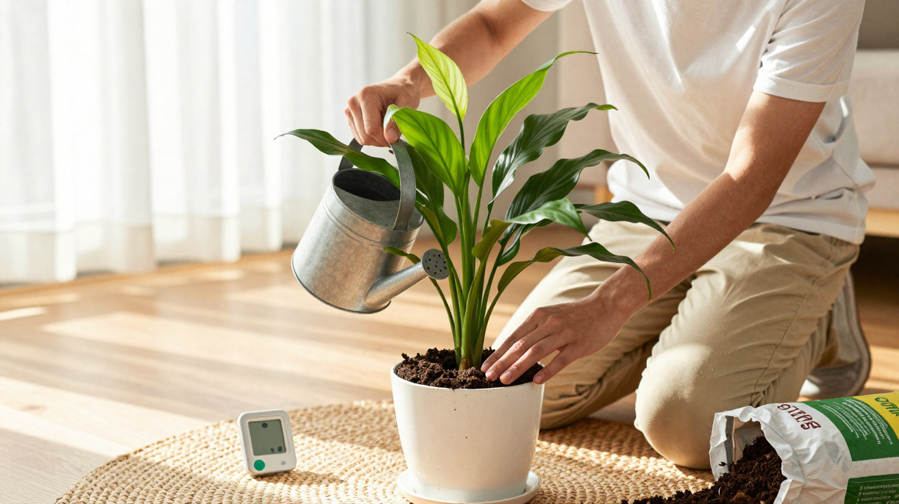 Pessoa a regar planta verde em vaso branco, sentada no chão com terra e ferramentas de jardinagem perto.