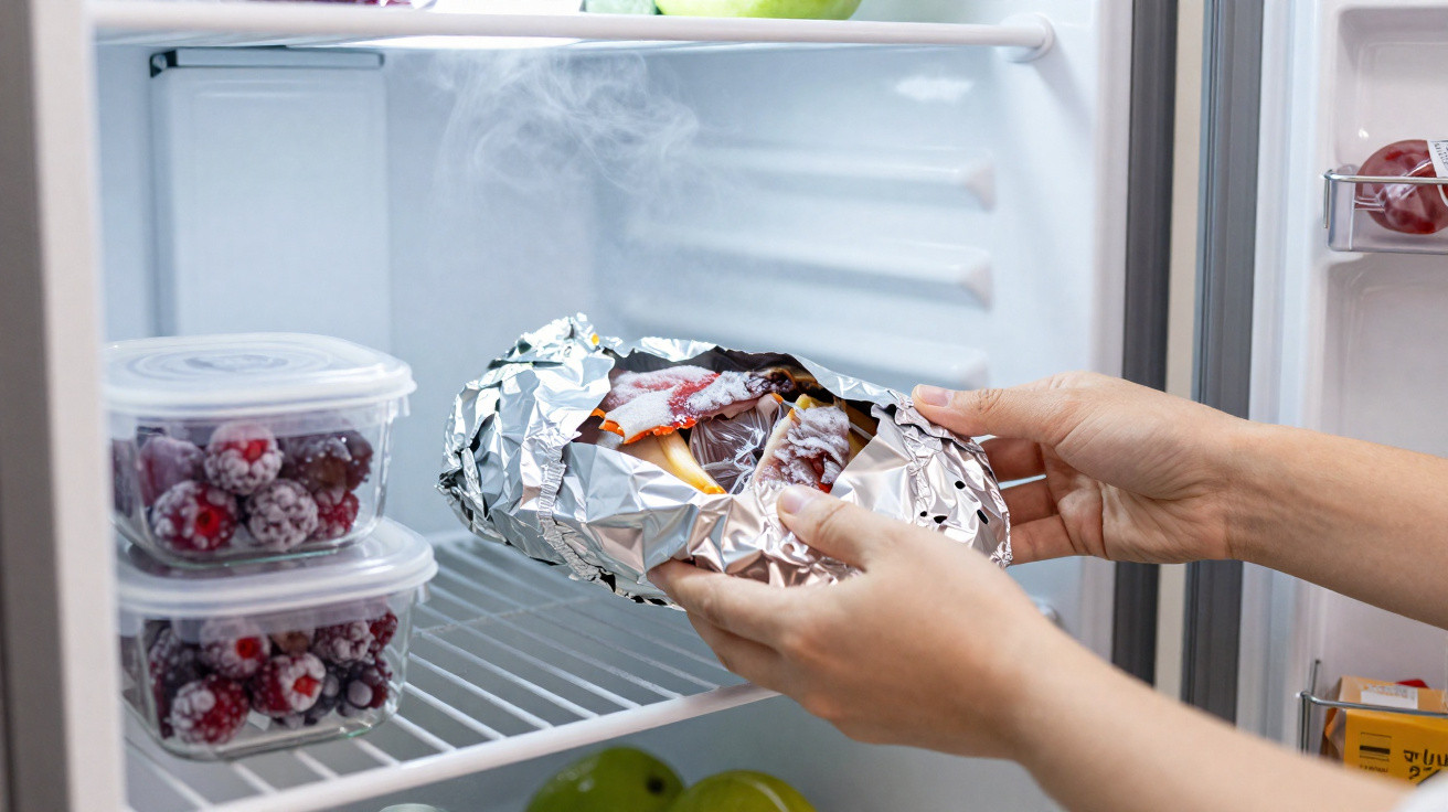 Mãos retiram alimento fumegante embrulhado em alumínio do frigorífico, com frutos vermelhos congelados ao lado.