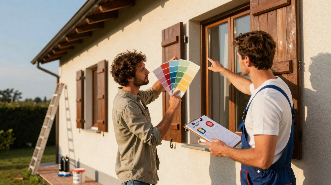 Dois homens escolhem cores para pintar a moldura de uma janela numa casa com chapéu de telhado castanho.