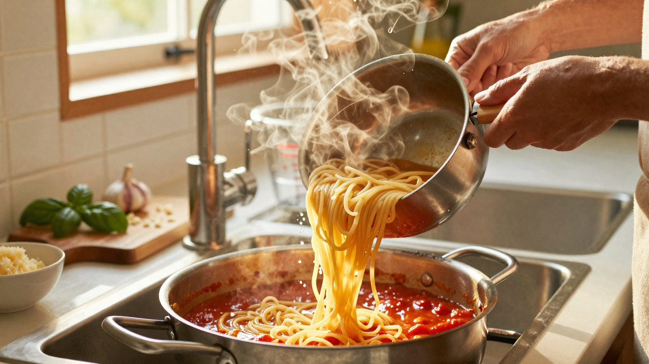 Pessoa a adicionar esparguete quente a um tacho com molho de tomate numa cozinha iluminada.