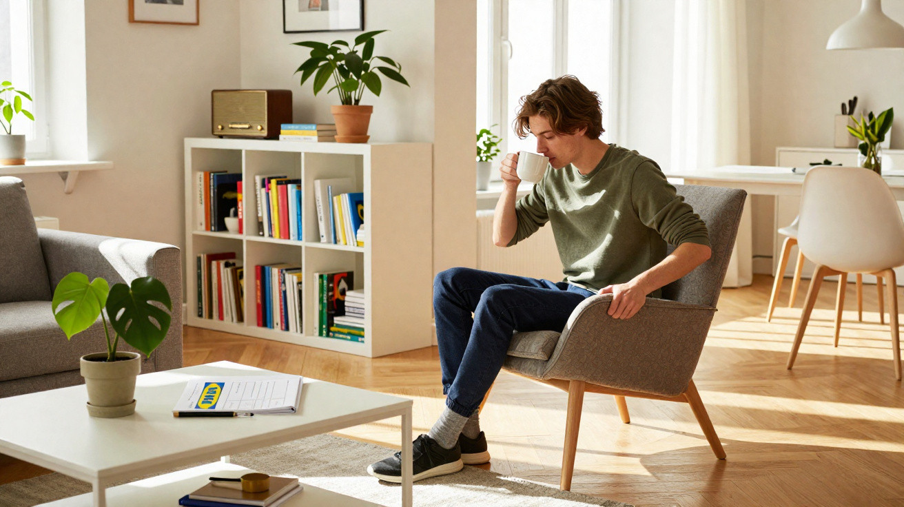 Homem sentado numa cadeira a beber café numa sala luminosa e decorada com plantas e estantes de livros.