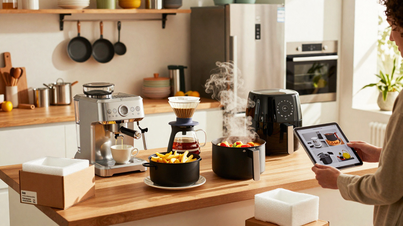 Cozinha moderna com expresso, cafeteira, fritadeira elétrica, panelas a cozinhar e pessoa a usar tablet.