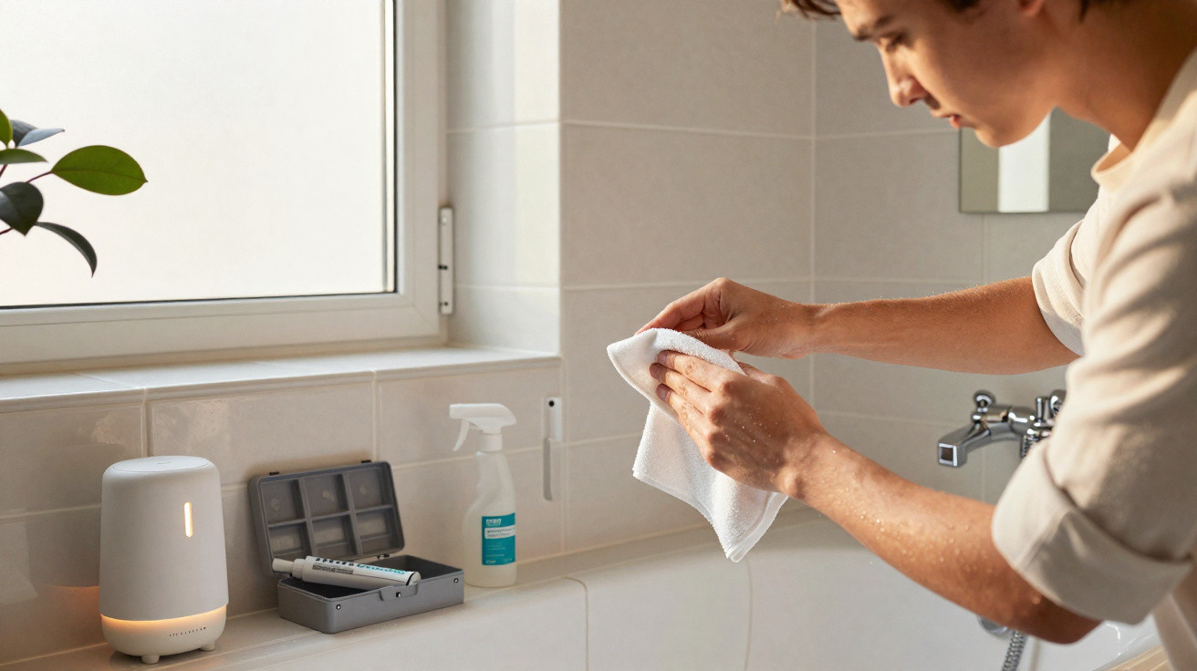 Pessoa a secar as mãos com toalha numa casa de banho com janela e produtos de higiene na bancada.