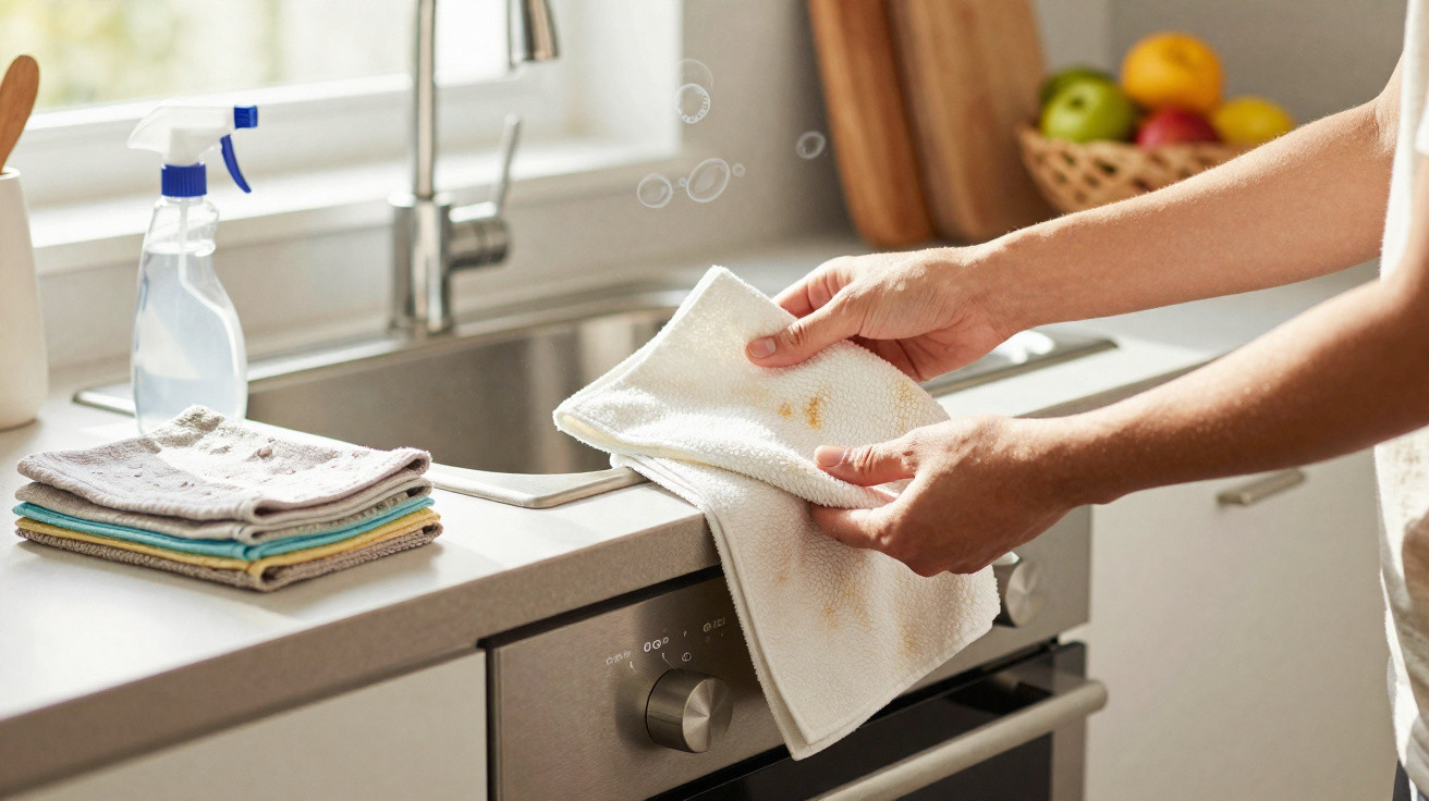 Mãos a limpar um pano com nódoas numa cozinha próxima ao lava-louça e produtos de limpeza.
