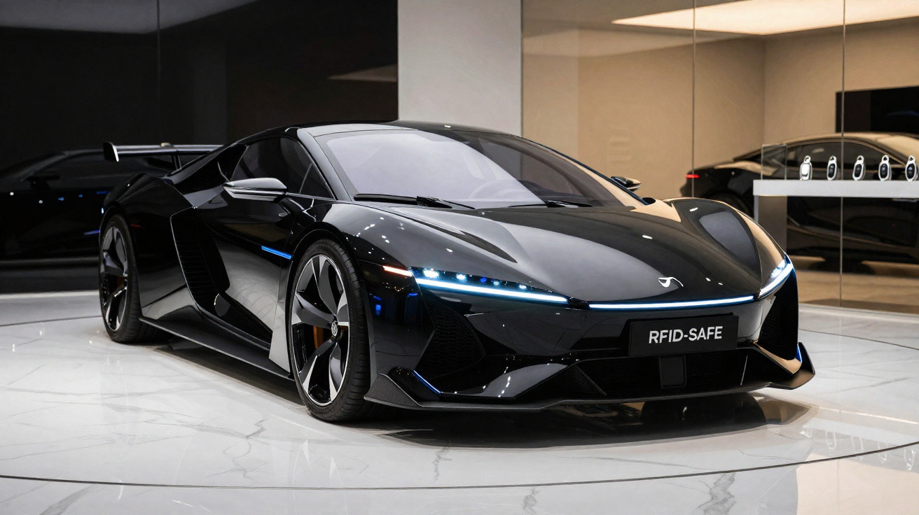 Carro desportivo preto com faróis LED azuis exposto num espaço interior moderno com chão branco.