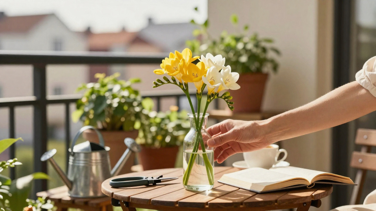 Mão a colocar vaso com flores amarelas e brancas numa mesa de madeira num terraço ensolarado.