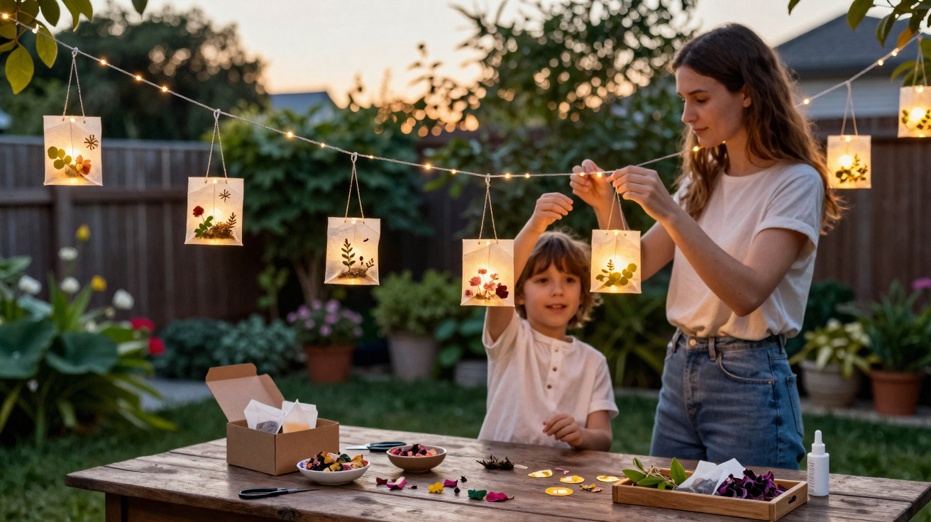 Mulher e criança penduram lanternas decorativas com flores em cordão no jardim ao entardecer.