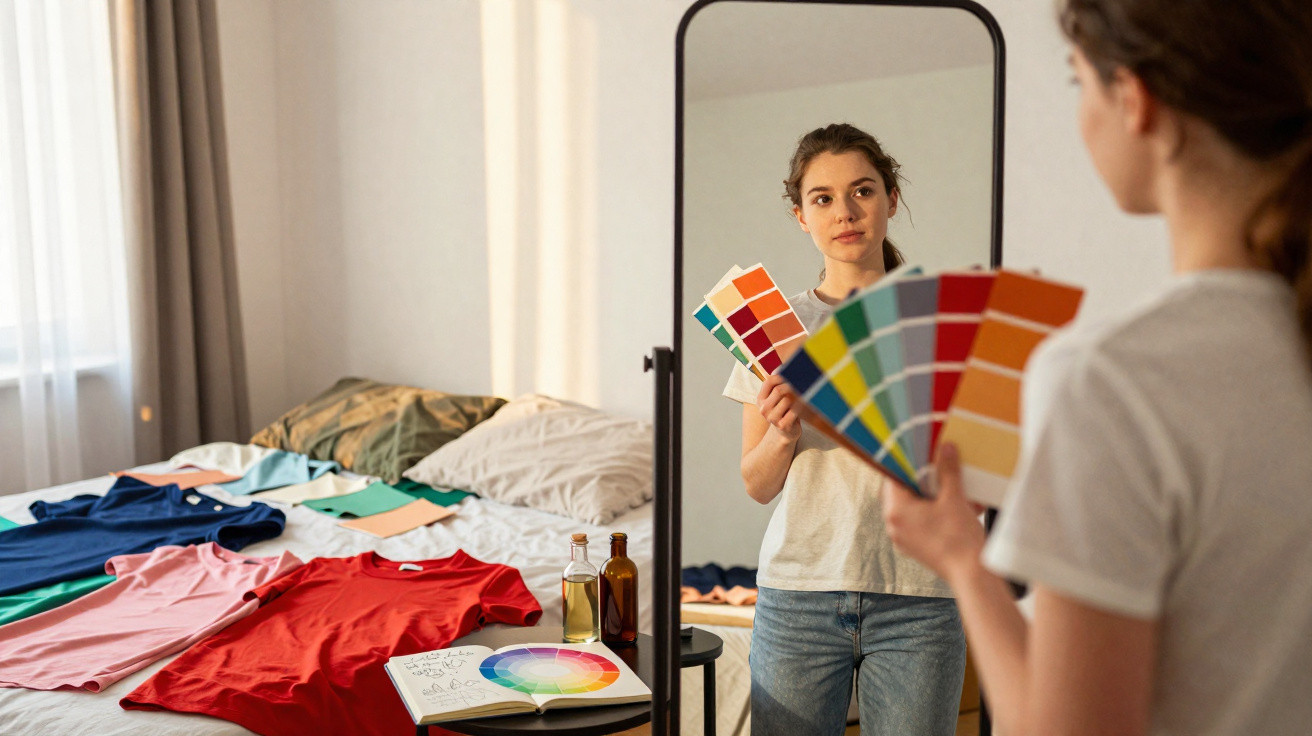 Mulher segura cartões de cores diante de espelho com várias t-shirts coloridas espalhadas na cama.