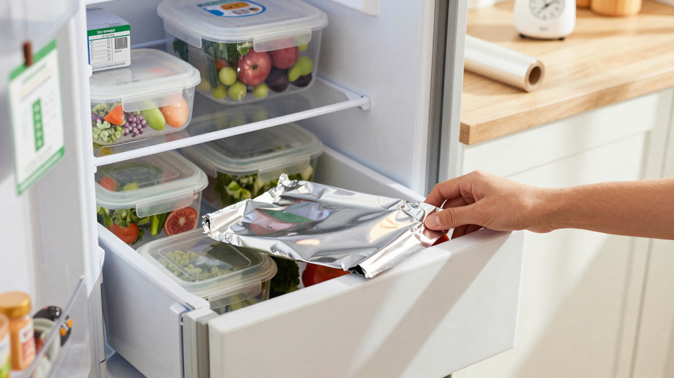 Mão a guardar alimentos em tabuleiro de alumínio no frigorífico com recipientes de plástico com legumes e fruta.
