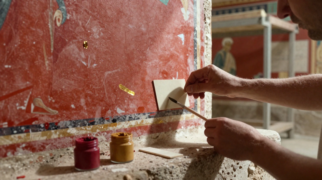 Pessoa a restaurar um mosaico antigo aplicando azulejos em parede vermelha decorada.