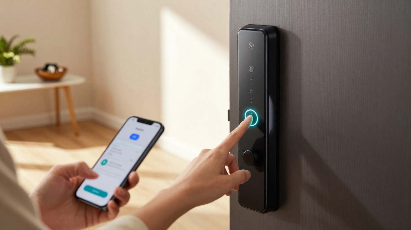 Pessoa a usar fechadura digital com aplicação móvel num ambiente interior iluminado.