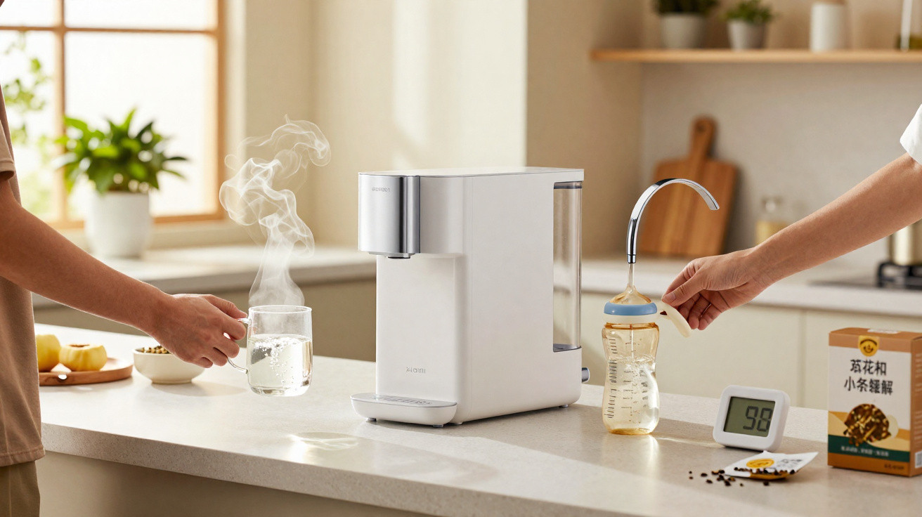 Máquina branca a preparar água quente, pessoas seguram chávena e mamadeira numa cozinha iluminada.