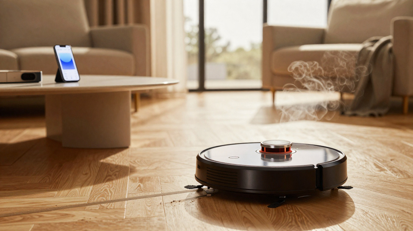 Robô aspirador a limpar chão de madeira numa sala moderna com móveis claros e smartphone sobre mesa.