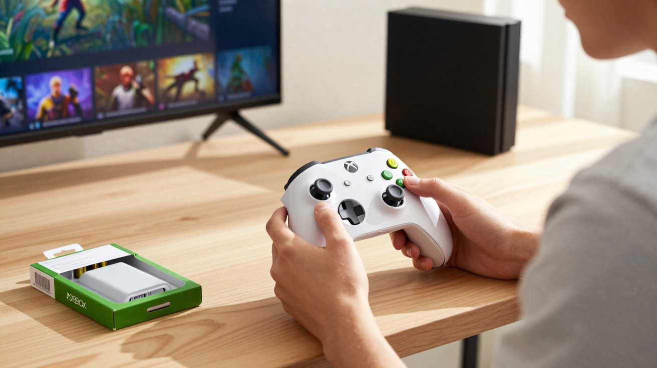 Pessoa a segurar comando Xbox branco, com ecrã e consolas Xbox em fundo sobre mesa de madeira clara.