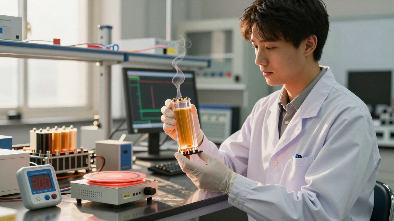 Cientista de laboratório a segurar um tubo de ensaio com líquido fumegante e equipamento ao fundo.