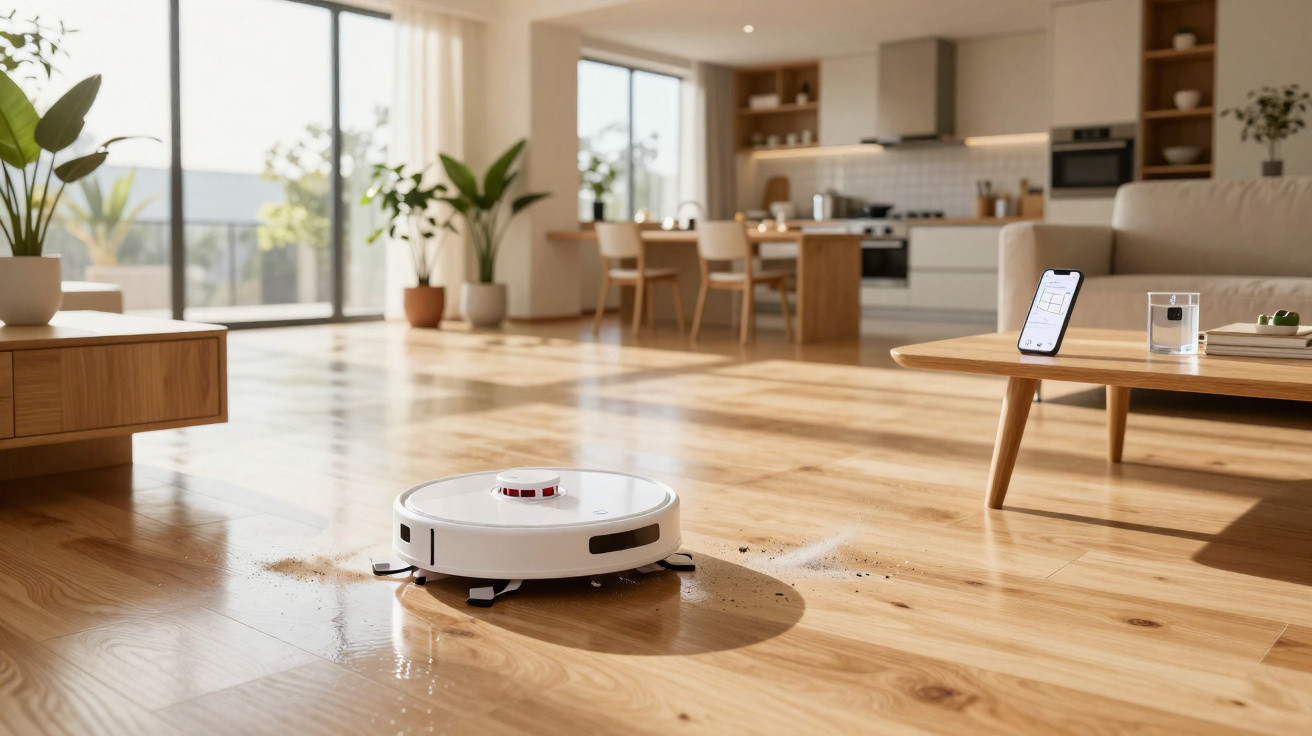 Robô aspirador a limpar chão de cozinha e sala de estar em ambiente moderno e iluminado.