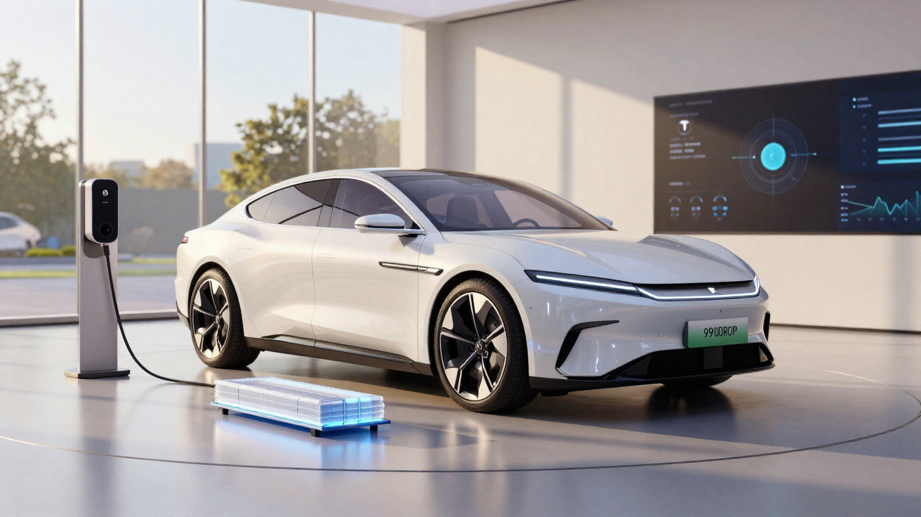 Carro elétrico branco a carregar numa estação dentro de salão moderno com vidraças amplas.