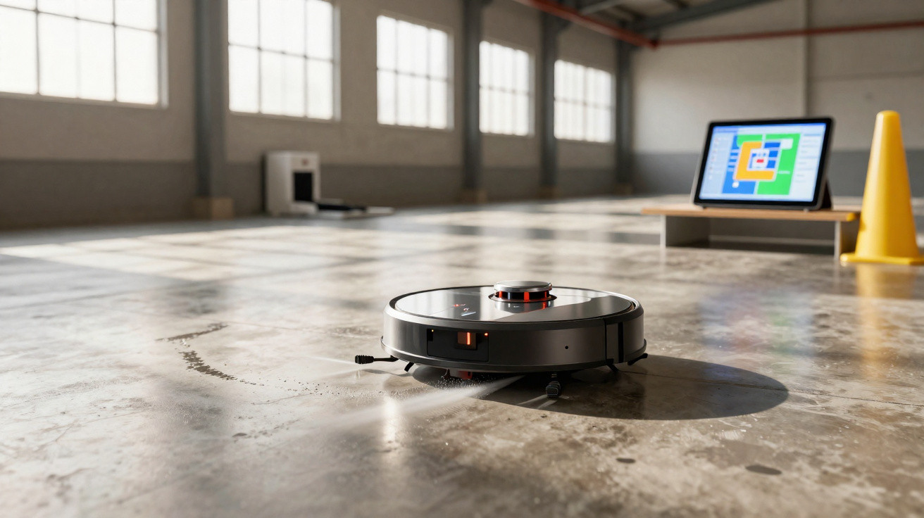 Robô aspirador a limpar chão de cimento num espaço industrial com tablet a mostrar mapa da limpeza.