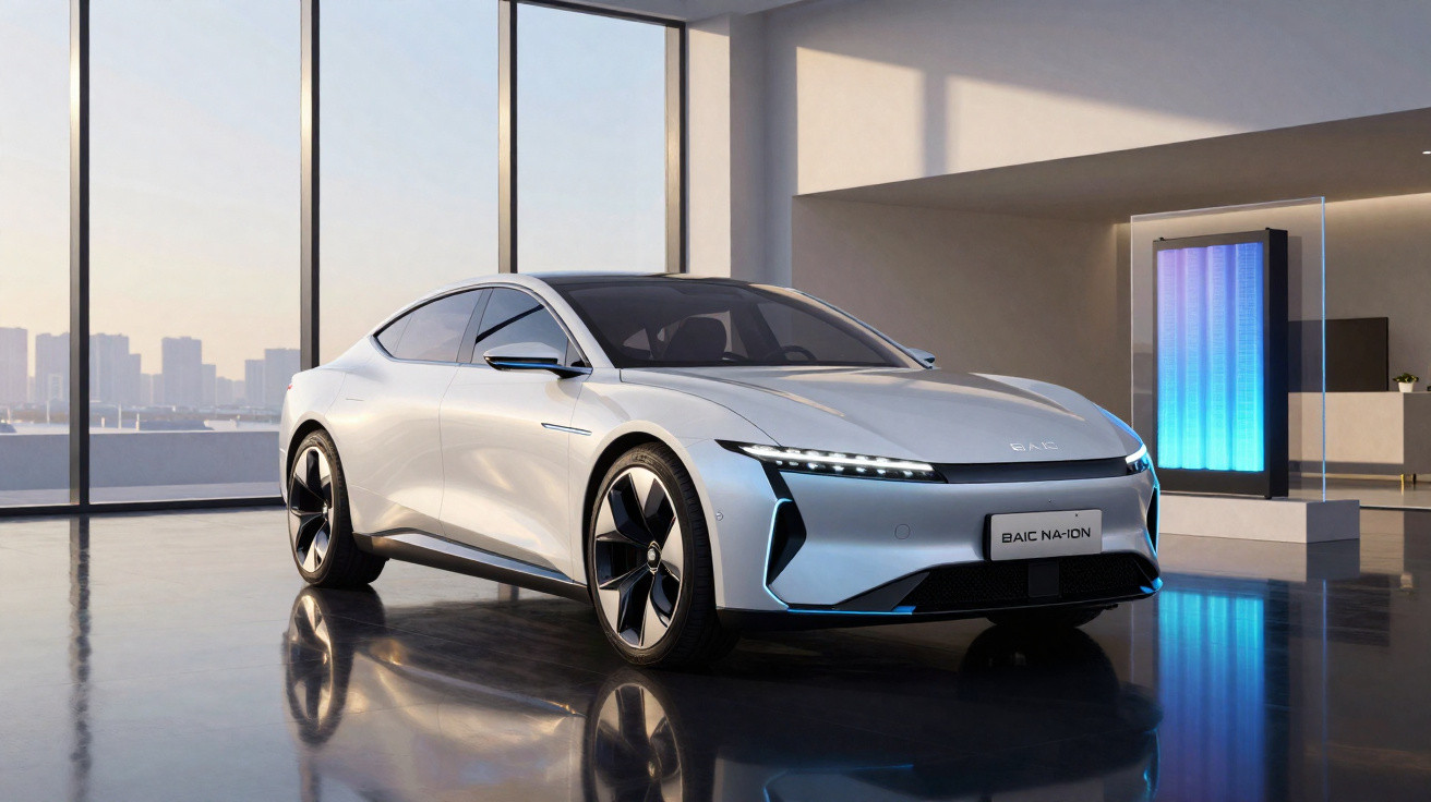 Carro elétrico sedan branco estacionado num salão moderno com grandes janelas e reflexos no chão.
