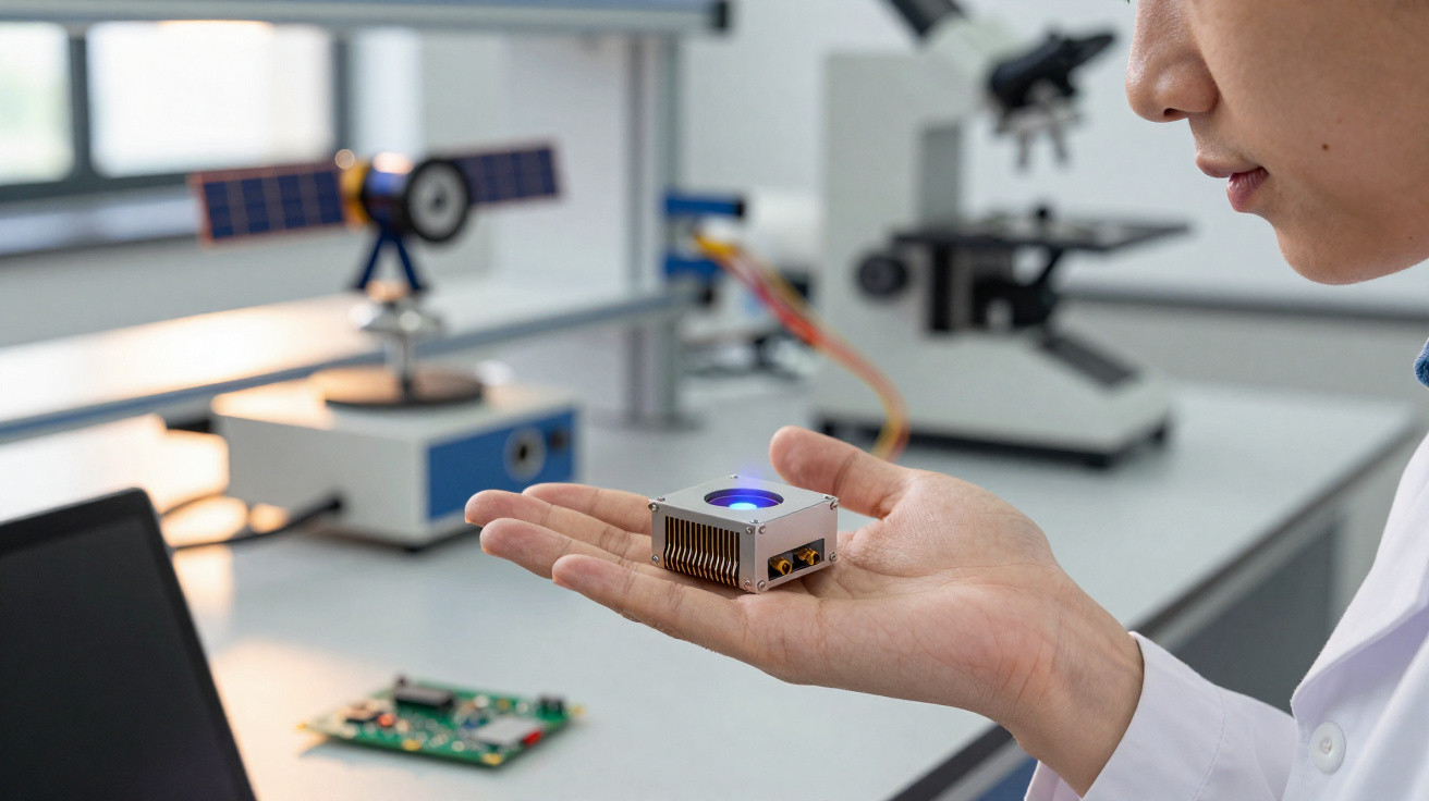 Pessoa de bata branca segura dispositivo tecnológico pequeno com luz azul em laboratório moderno.