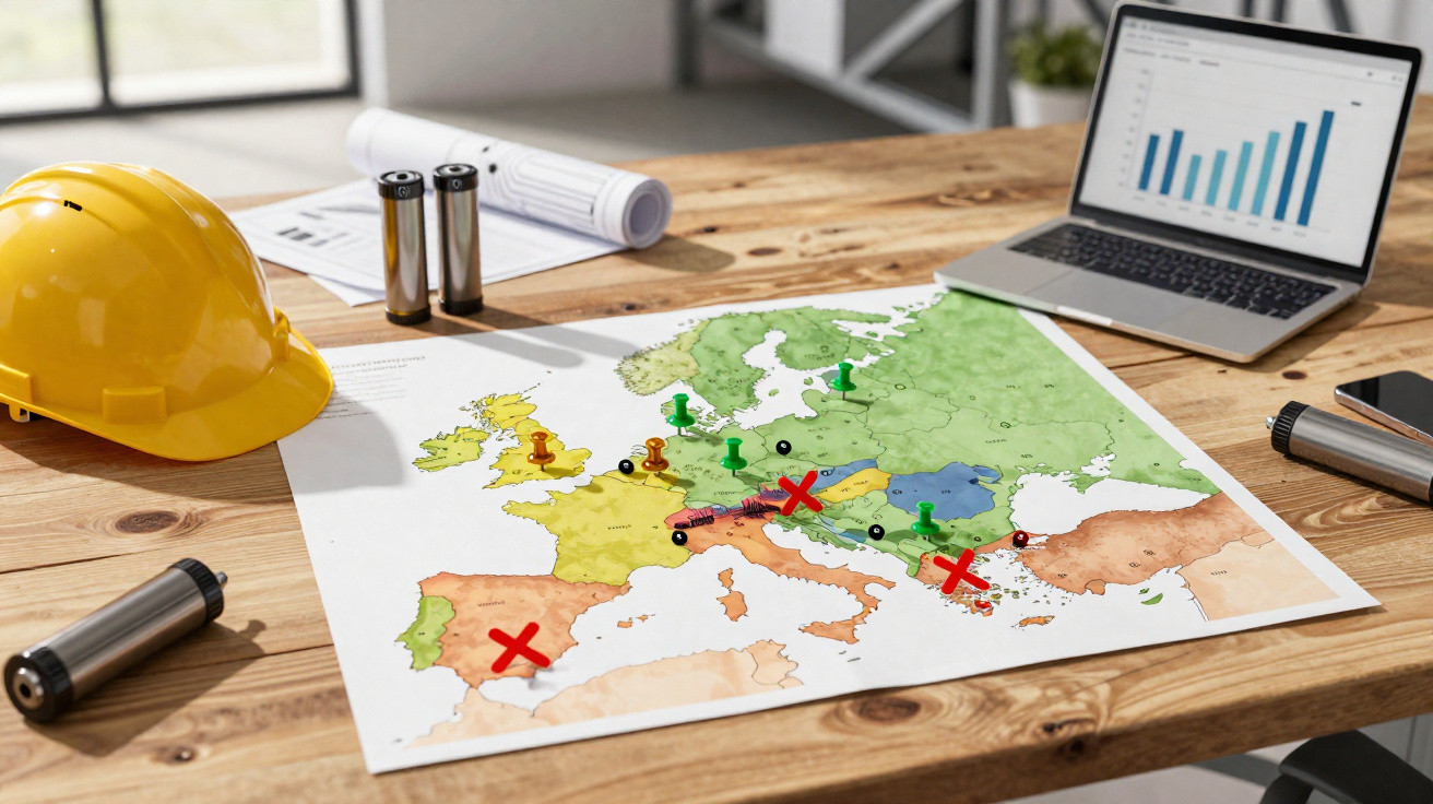 Mesa de madeira com mapa da Europa marcado, capacete amarelo, laptop e documentos técnicos.