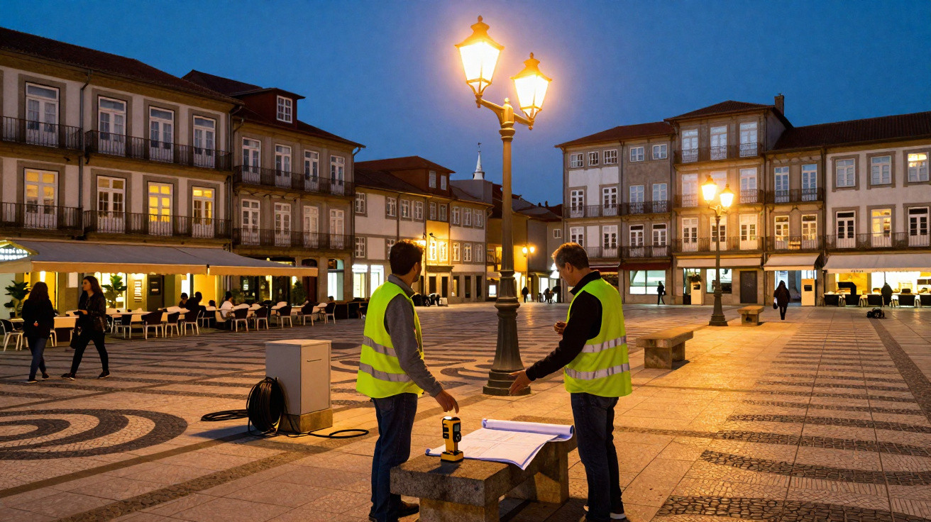 Dois homens com coletes amarelos analisam plantas numa praça iluminada ao entardecer.