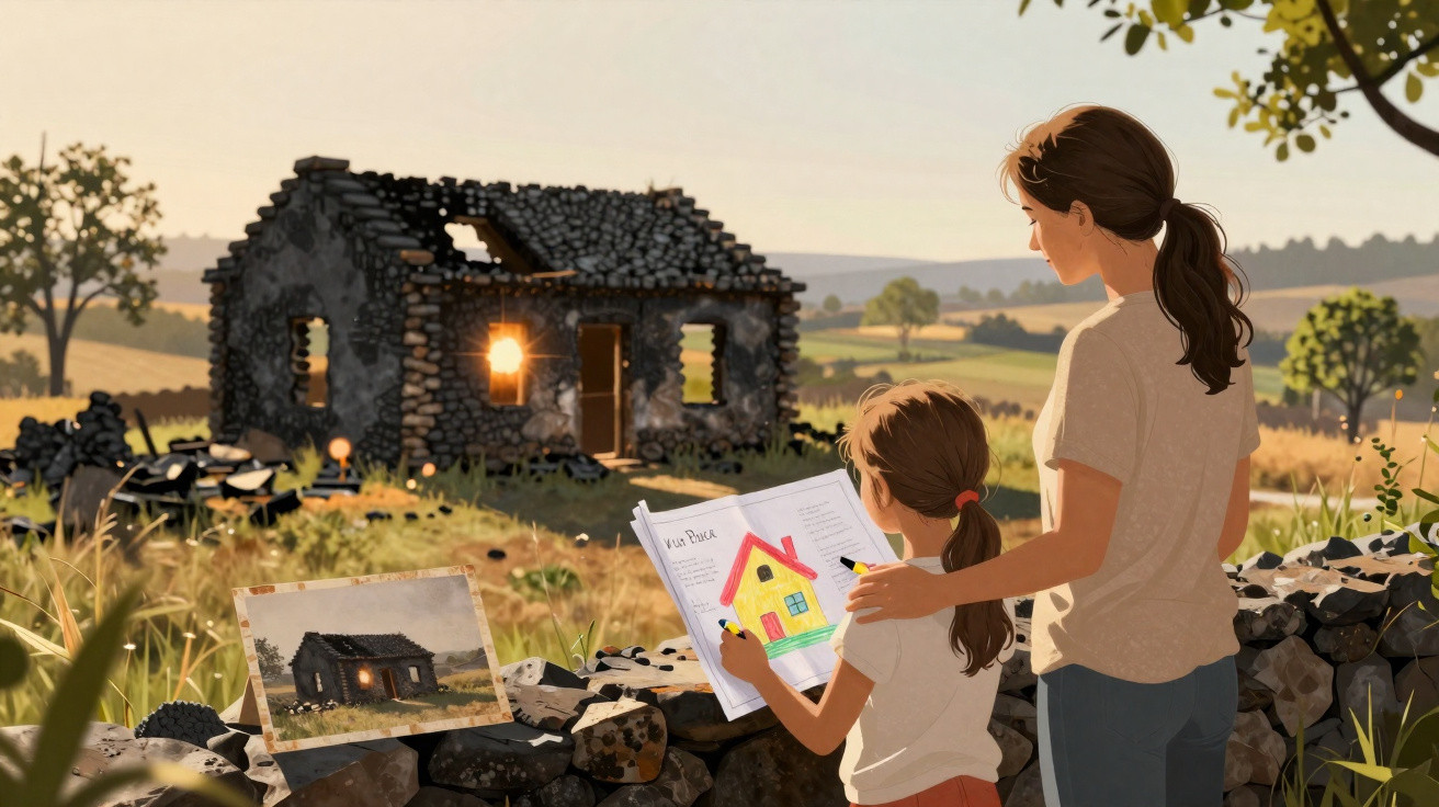 Duas crianças desenham e olham para uma casa antiga em ruínas numa paisagem rural ao entardecer.
