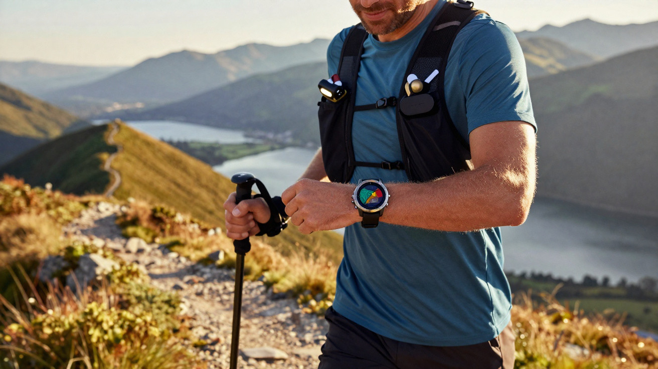 Homem a fazer caminhada na montanha com relógio desportivo e bastão, lago e montanhas ao fundo.