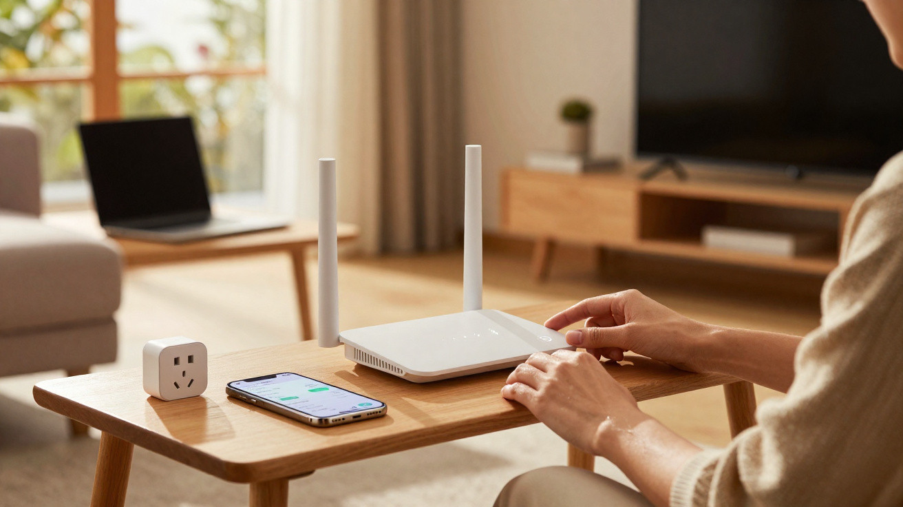 Pessoa a configurar router sem fios num ambiente doméstico com smartphone e tomada inteligente numa mesa de madeira.