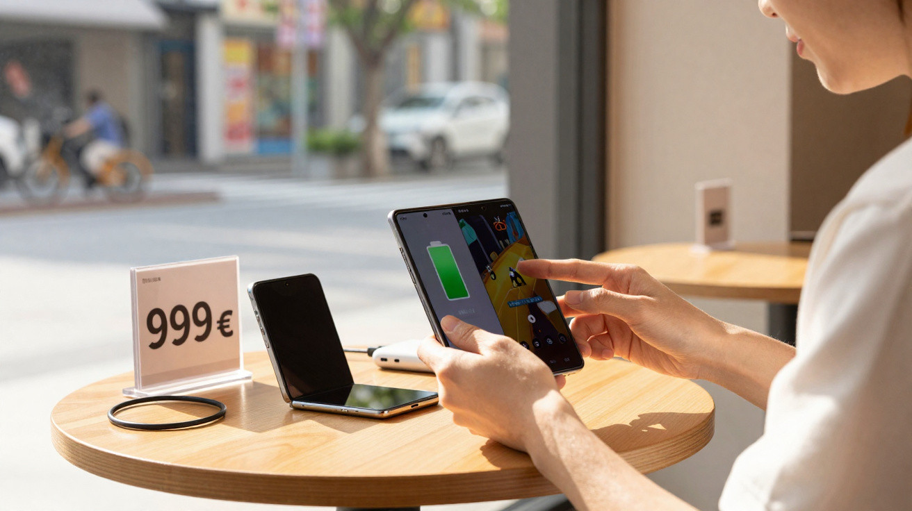 Pessoa a usar telemóvel dobrável numa mesa com outro telemóvel e preço de 999€ numa loja com vista para a rua.
