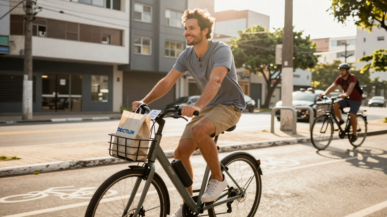 Homem sorridente a andar de bicicleta numa ciclovia urbana com sacola de compras no cesto da frente.