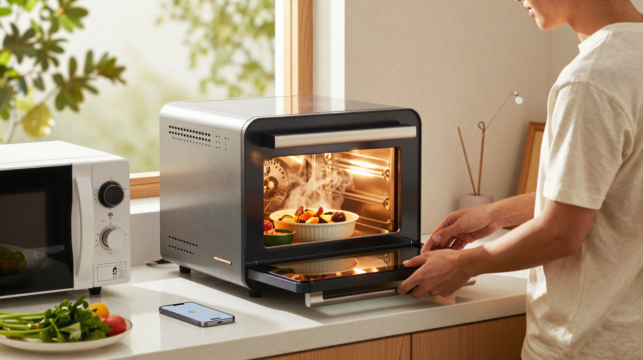 Pessoa a retirar tigela quente cheia de legumes do forno elétrico numa cozinha moderna com micro-ondas e smartphone na bancad
