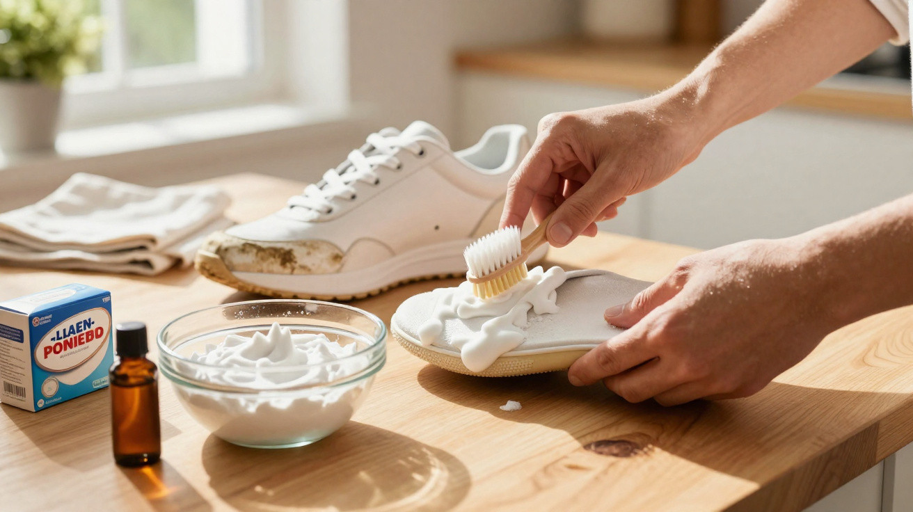 Mãos a limpar tênis branco com escova e espuma sobre mesa de madeira, com produtos de limpeza ao lado.