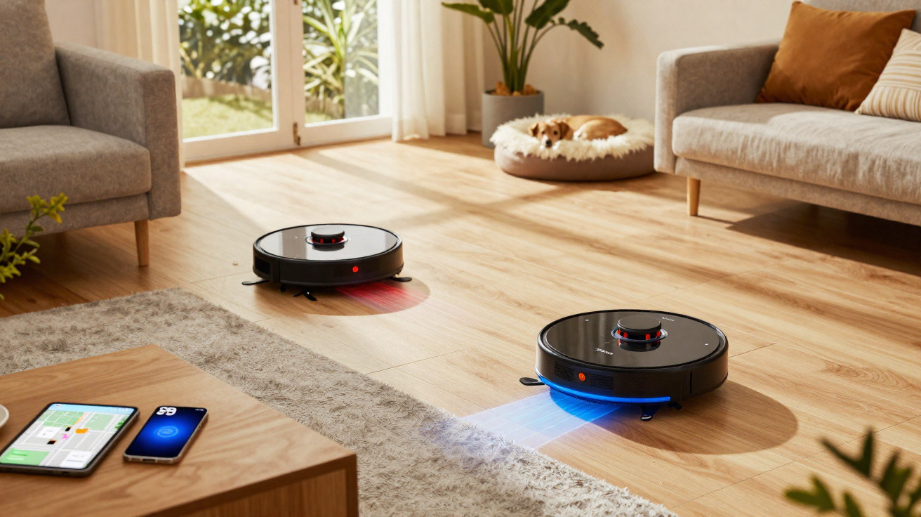 Dois aspiradores robóticos a limpar uma sala moderna com chão em madeira e sofá cinzento.
