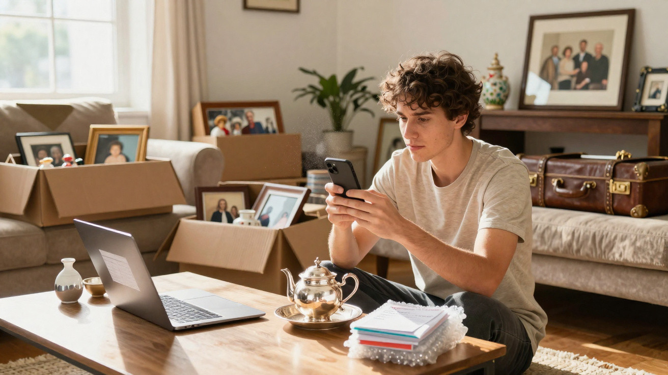 Jovem sentado no chão de uma sala com caixas de mudança, a usar telemóvel e com computador portátil à frente.