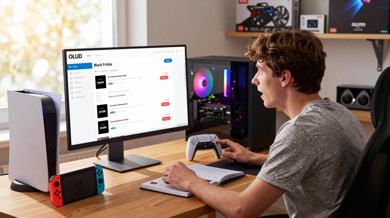Jovem sentado a jogar videojogos no PC com comando na mão, monitor mostra promoções de Black Friday.