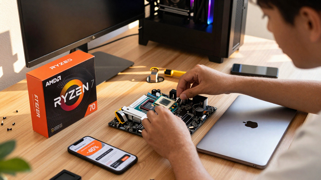 Pessoa a montar um computador com processador AMD Ryzen 7 numa mesa com telemóvel, computador portátil e ferramentas.