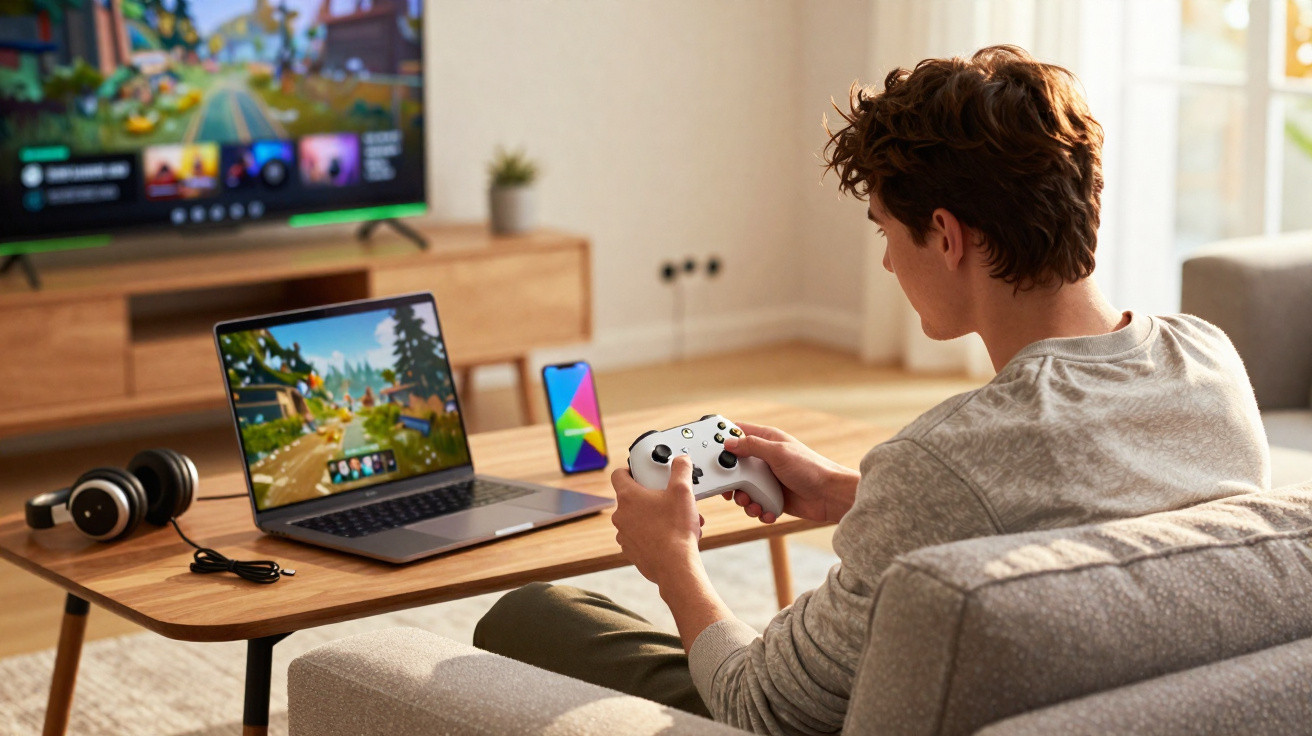 Jovem sentado no sofá a jogar videojogos no portátil com comando na mão numa sala iluminada.