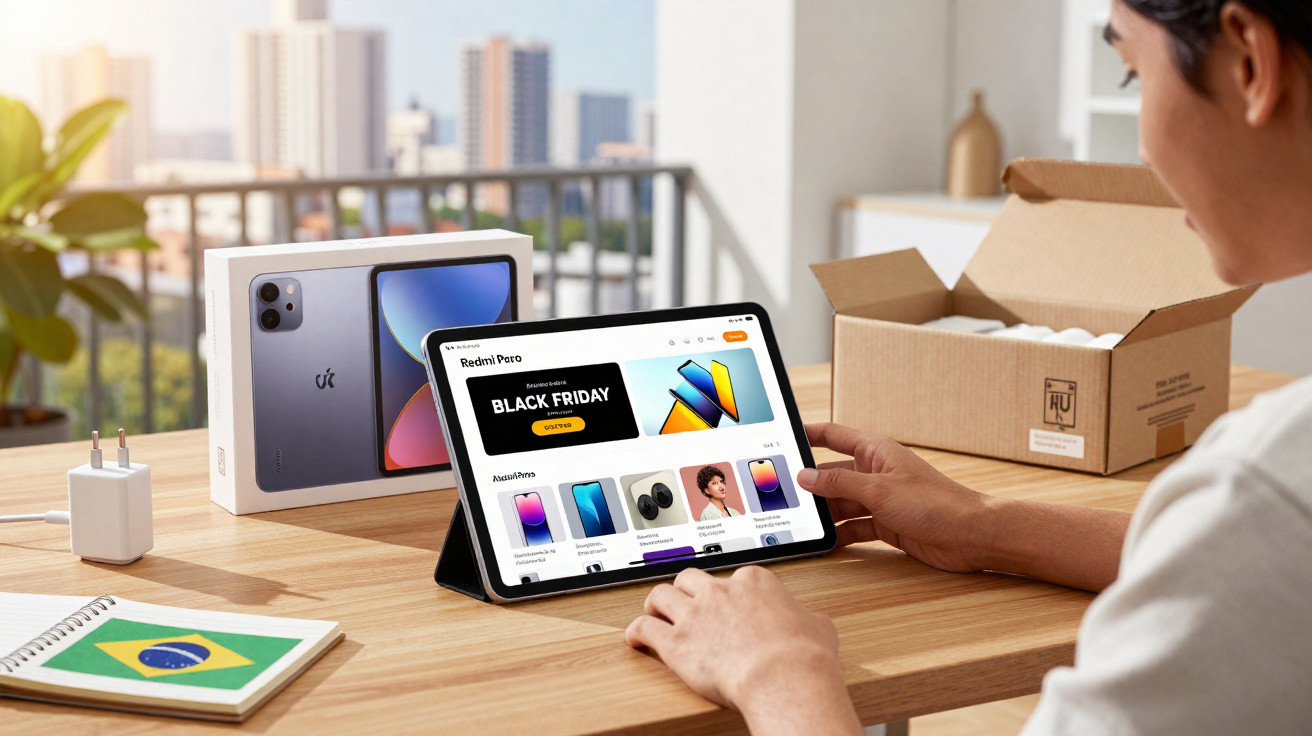 Pessoa a fazer compras online num tablet, com caixa de iPad e carregador numa mesa de madeira.