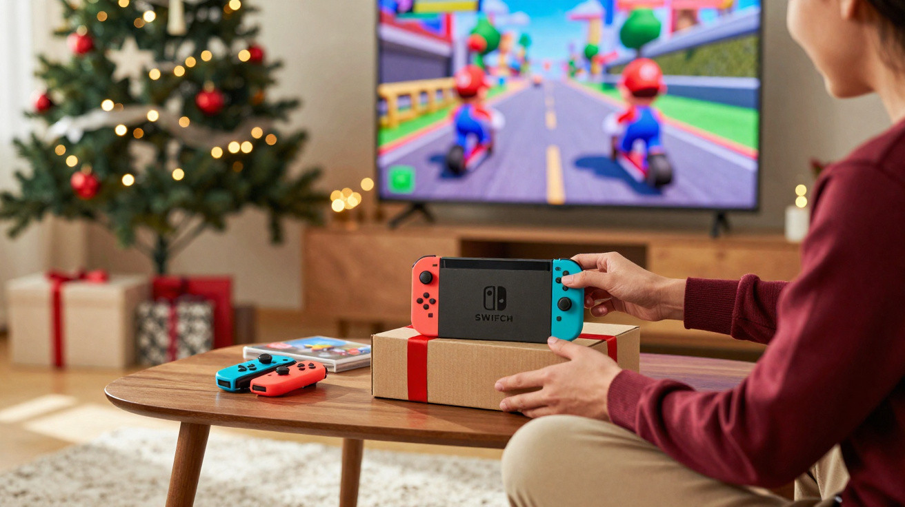 Pessoa segura consola Nintendo Switch em caixa de presente com árvore de Natal e TV ao fundo.