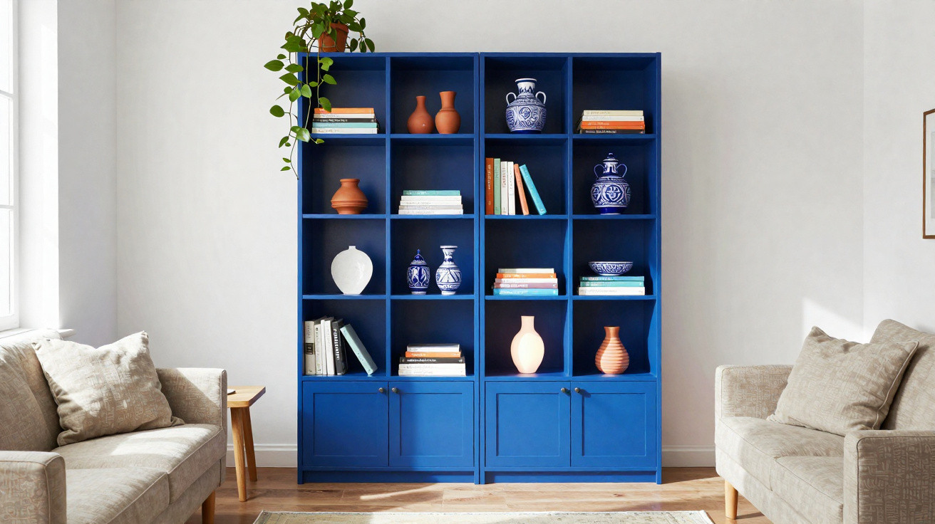 Estante azul com livros e vasos decorativos entre dois sofás bege numa sala iluminada por luz natural.