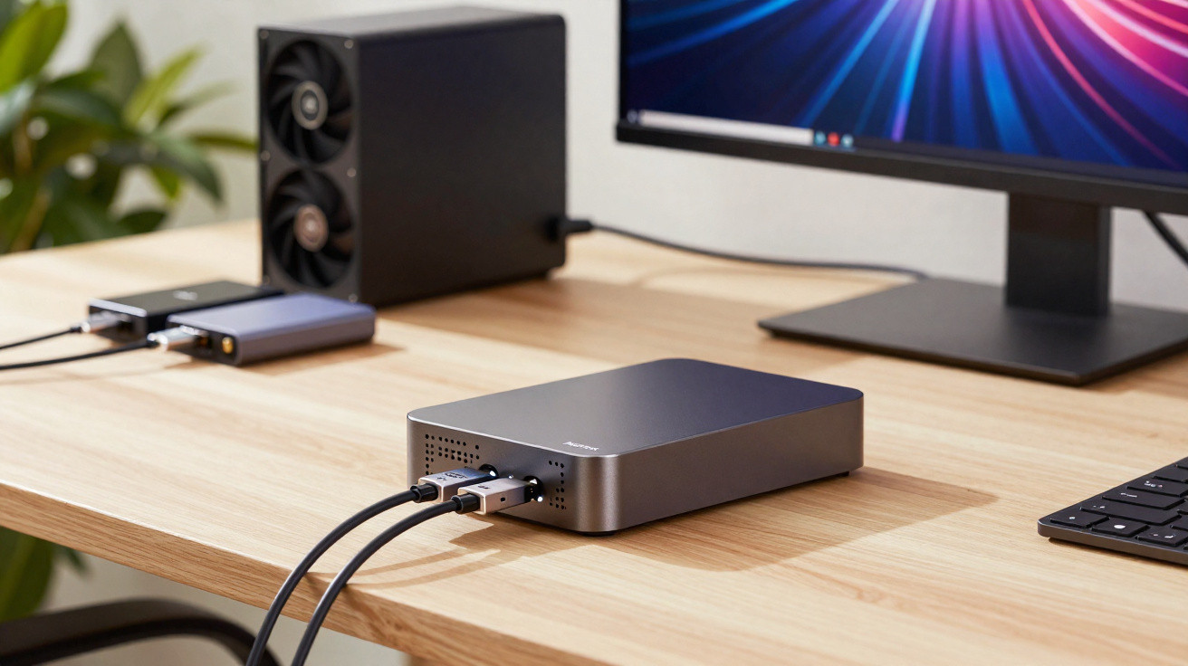Computador portátil ligado a um monitor e a uma caixa externa de disco rígido numa secretária de madeira.