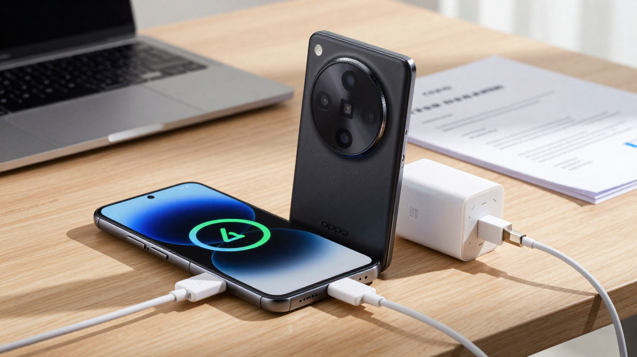 Dois smartphones, um a carregar e outro apoiado numa mesa com carregador ligado.
