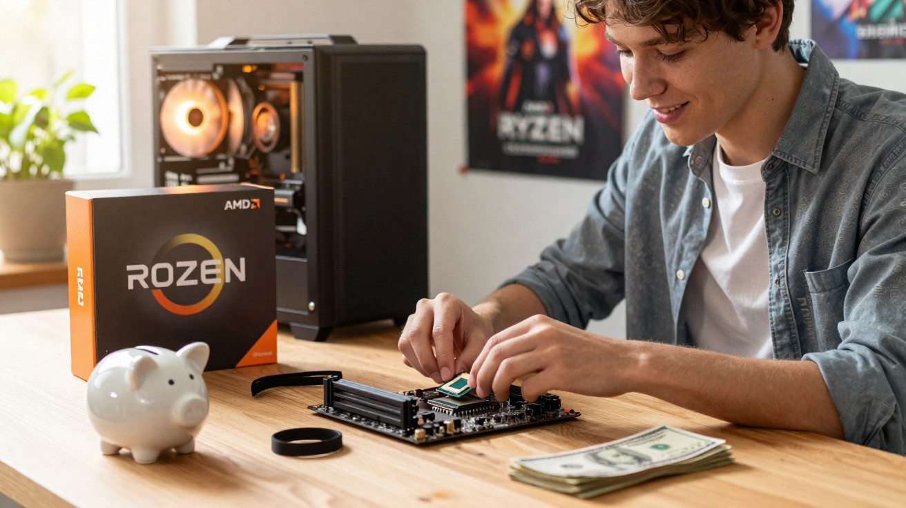 Jovem a instalar processador AMD Ryzen numa motherboard sobre uma mesa com cofrinho e dinheiro.