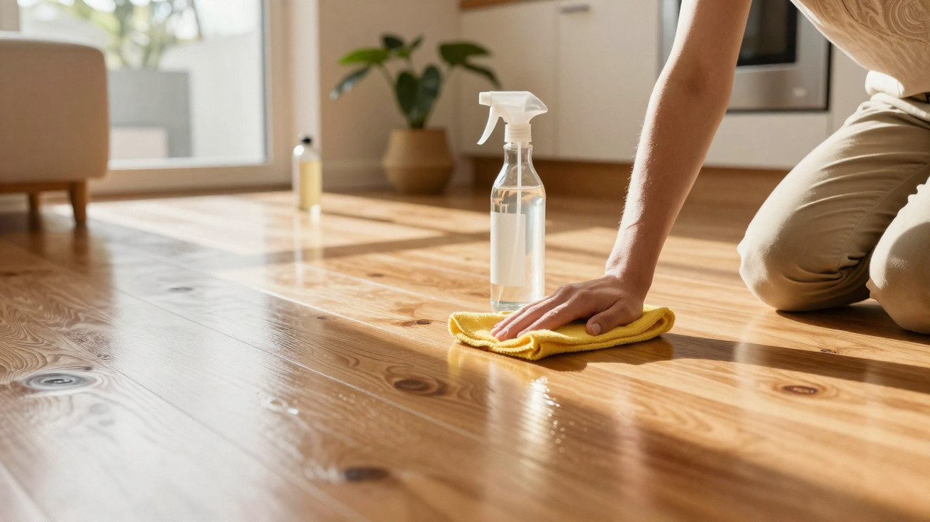 Pessoa a limpar chão de madeira com um pano amarelo e um frasco de spray transparente num ambiente iluminado.