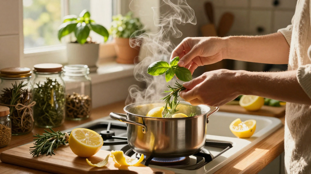 Mãos a cozinhar com ervas frescas e limão numa panela a ferver num fogão na cozinha iluminada.