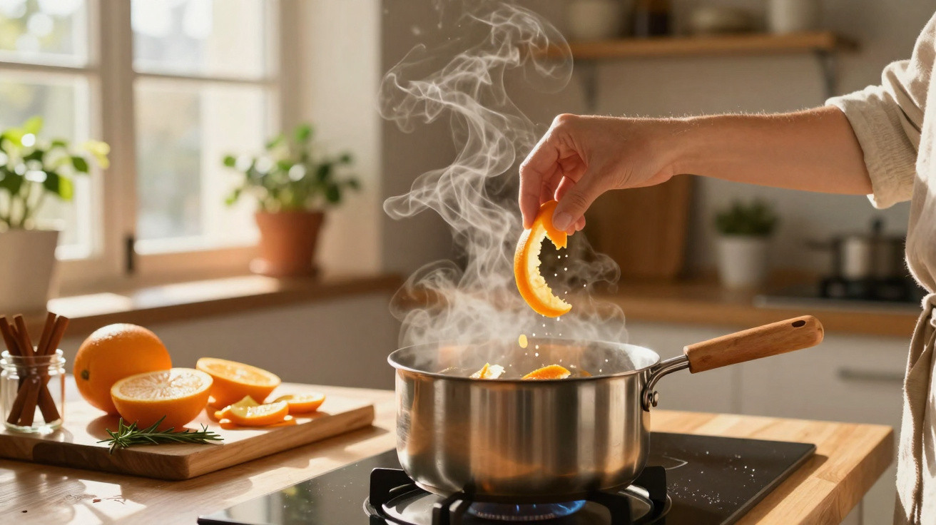 Pessoa a adicionar casca de laranja a panela a ferver numa cozinha iluminada por luz natural.