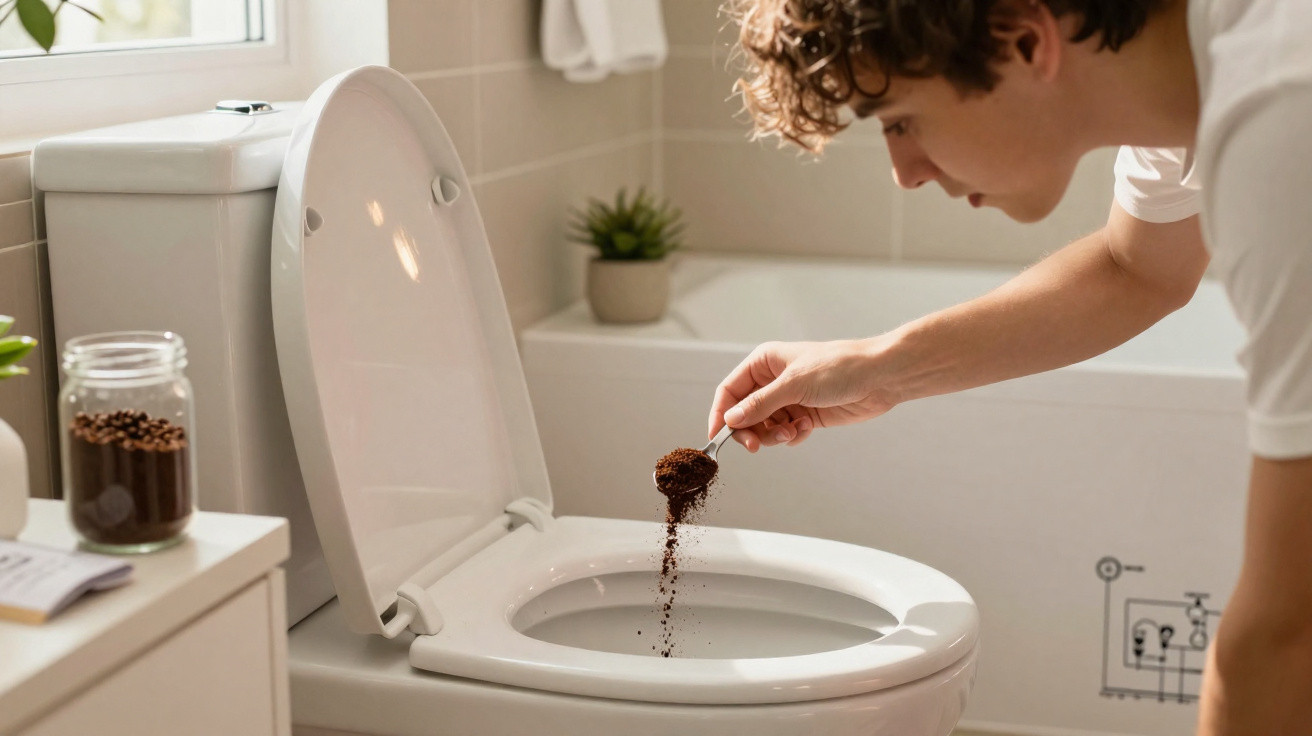Pessoa deitada a deitar café moído dentro de um vaso sanitário aberto numa casa de banho.