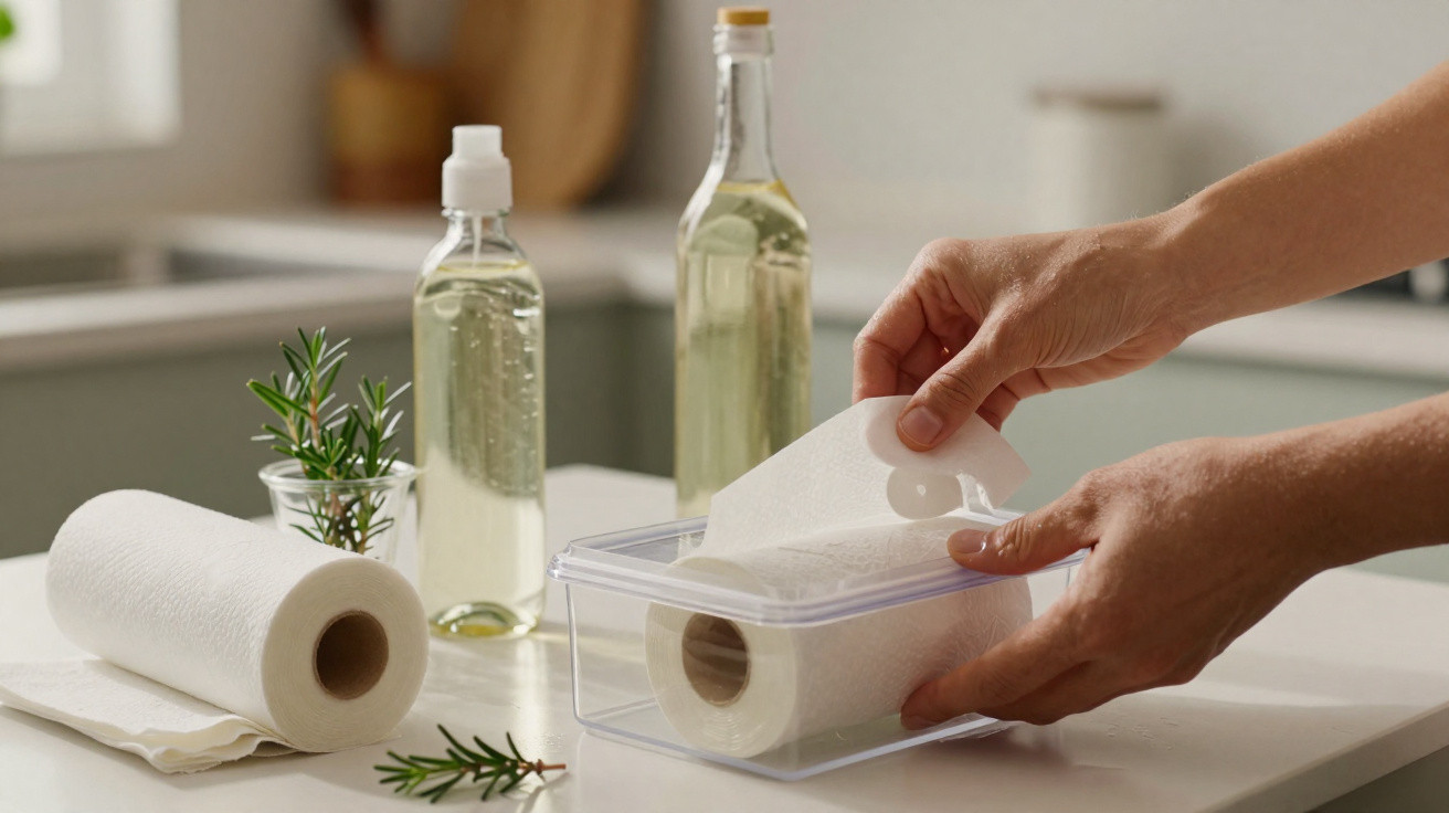 Mãos a colocar rolo de papel de cozinha numa caixa transparente numa bancada com garrafas e ervas.