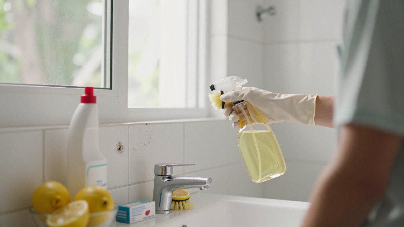 Pessoa a limpar azulejos junto a uma torneira de lavatório com spray e luva de proteção.